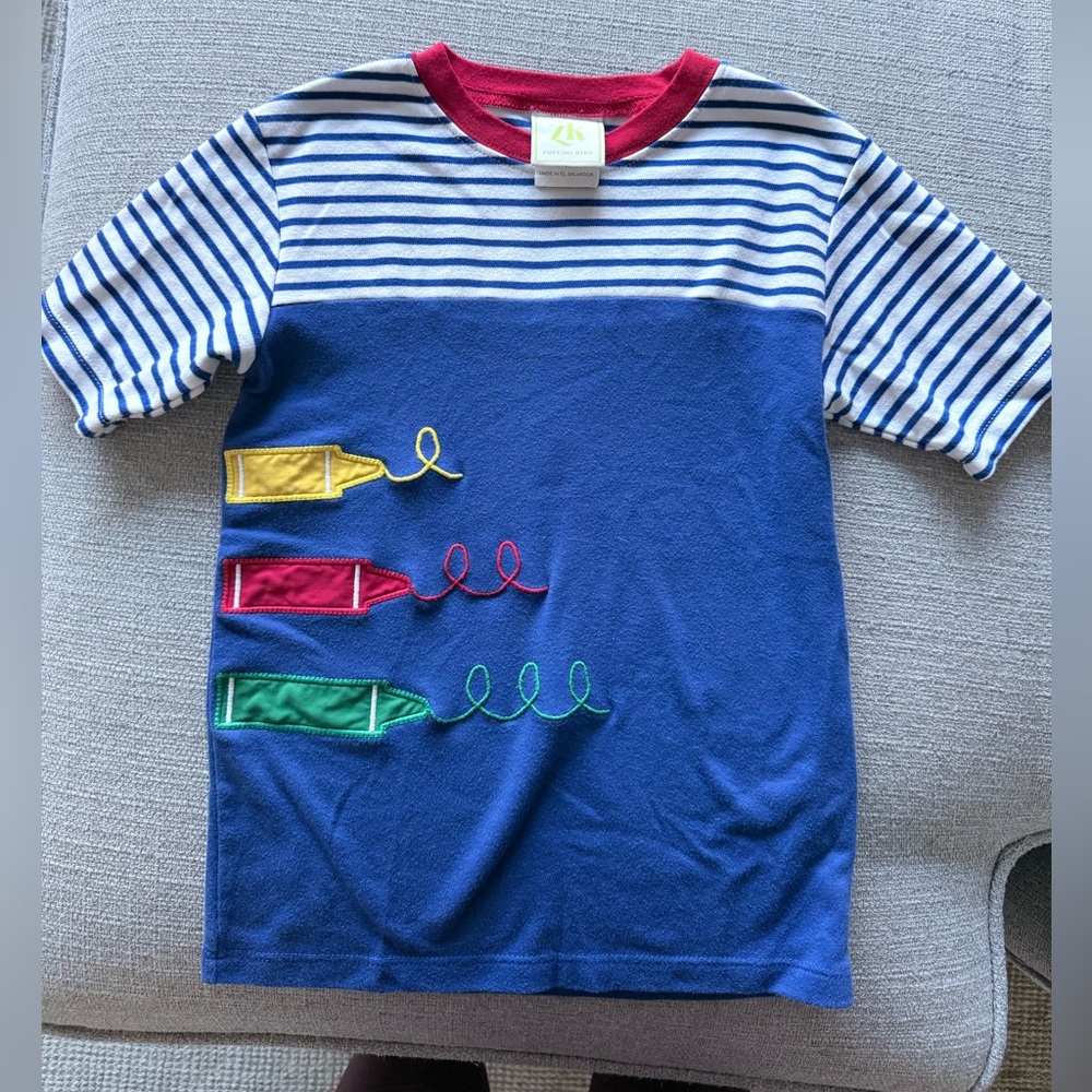 Blue Striped Kids Tee with Crayon Accents